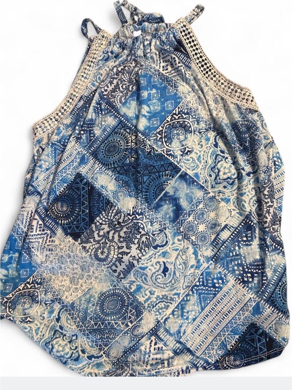 Absolutely Famous Blue Patchwork Sleeveless Halter Tunic Top 1X NWT
